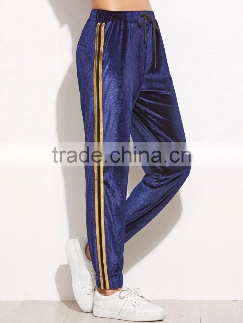Navy Side Striped Drawstring Velvet Sweatpants 95% Polyester 5% Spandex Elastic Waist Loose Trousers