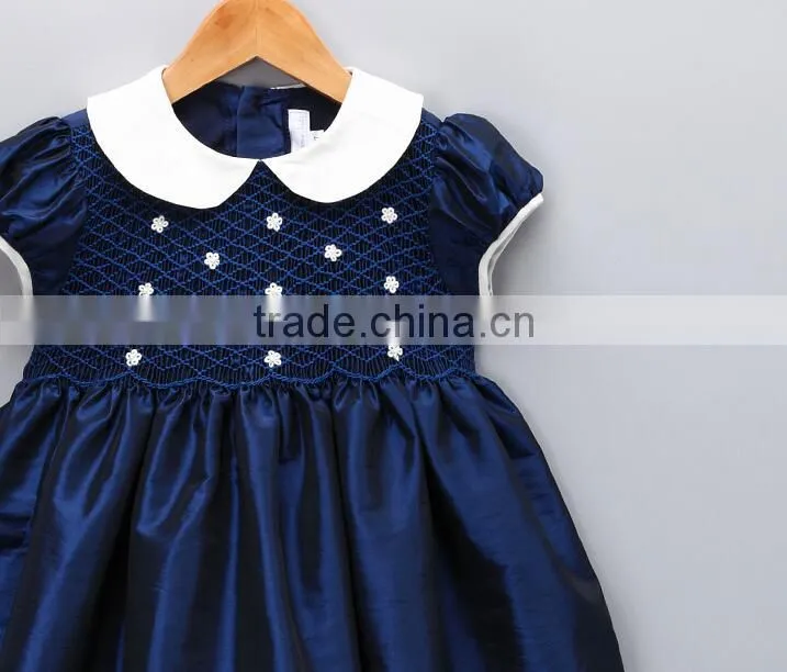 Baby Hand Smocked Peter Pan Collar Short puff Sleeve navy blue Dress Party Dress for kids clothing