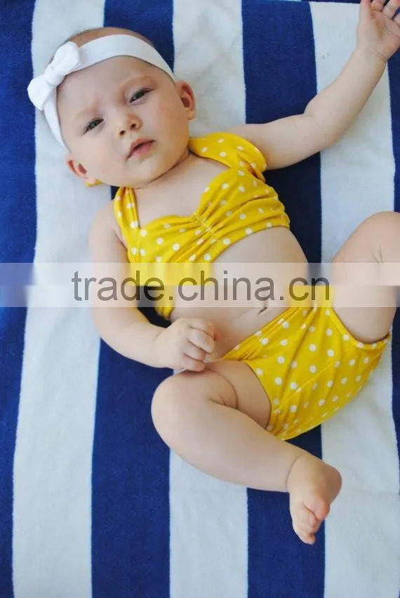 Hot sale!Baby girl swimwear white polka dots clothes set yellow bikini beauty product for 0-6 ys girls