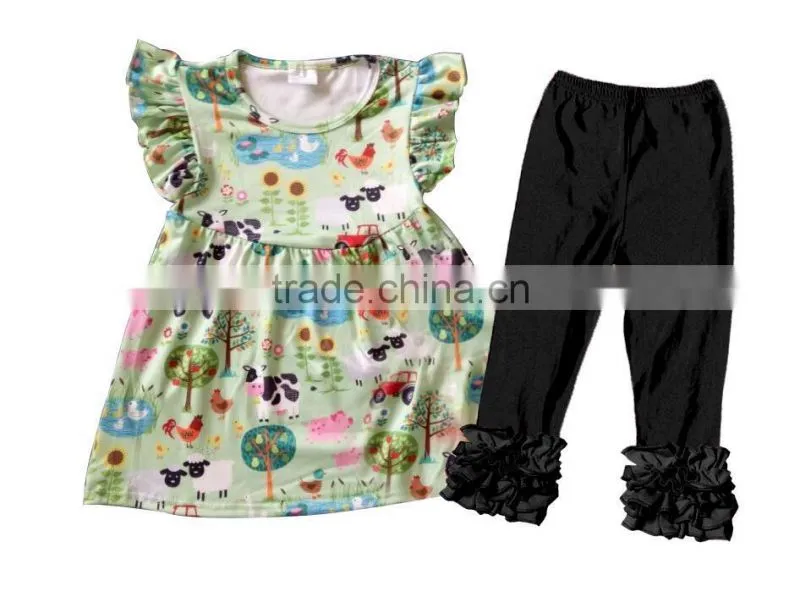 Wholesale Baby Girls Fancy Boutique Clothing Fall Printing Ruffle Top Clothing Sets Remake Outfits