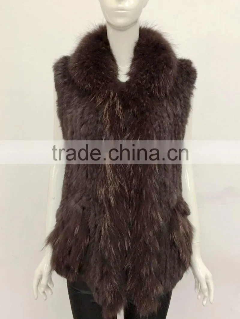 YR644 Women Genuine Rabbit Hand knit with Raccoon Fur Waistcoat Yanran Fur Factory OEM Order Fur Gilet