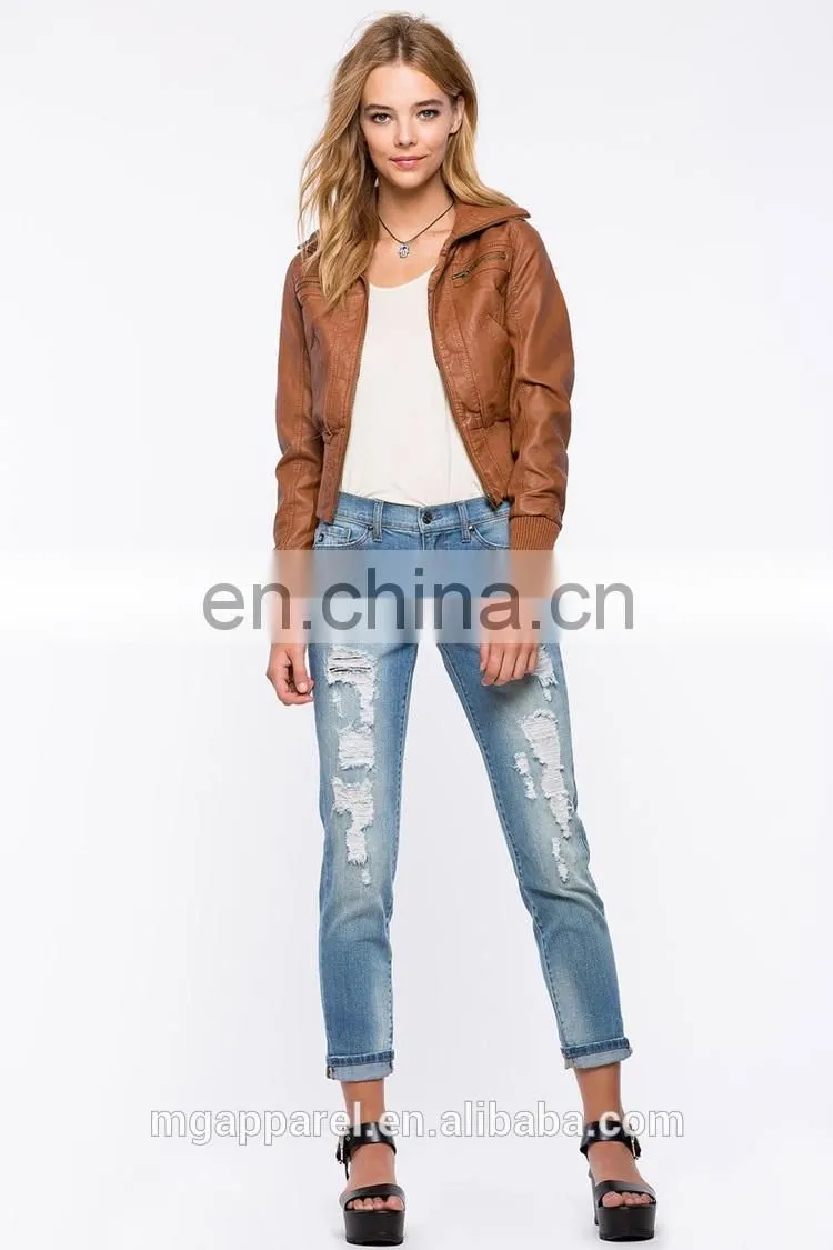 New fashion ribbed knit trim 100% PU leather bomber jacket for women