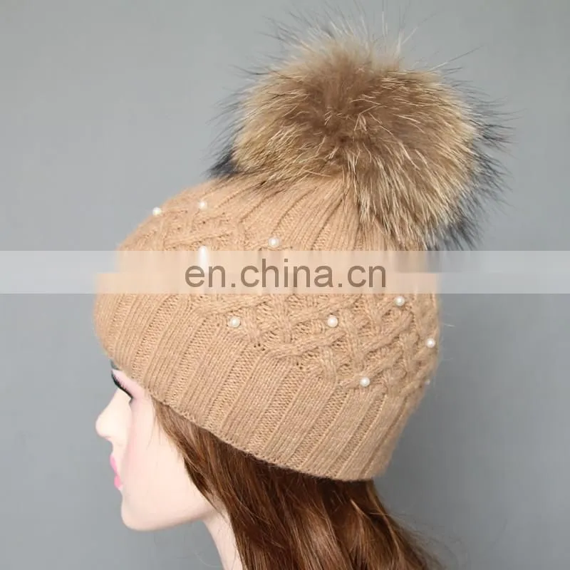 Super natural color raccoon fur pom pom hats with pearls for ladies