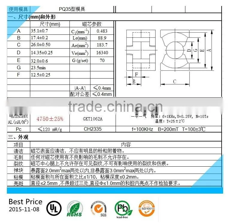 PQ3535 soft magnet ferrite core pc40
