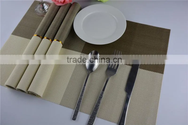 2015 New Arrival Gold Color Home Kitchen Dining Placemat Fashion Adiabatic PVC Strip Weave Table Mat