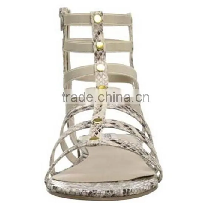 Wholesale Leather Shoes Ankle Sandal Boot Snake Print Cut Out Flat Sandal