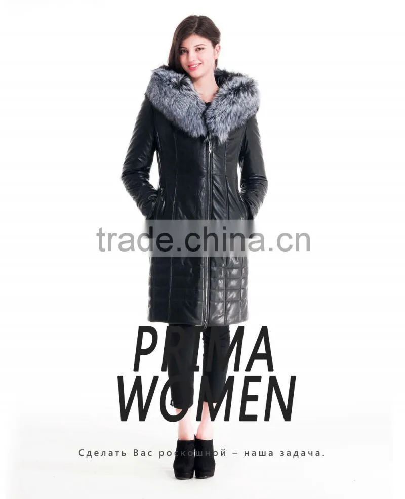 Winter Women long Leather Slim Fit Coat With Brown Fox Hat Overcoat