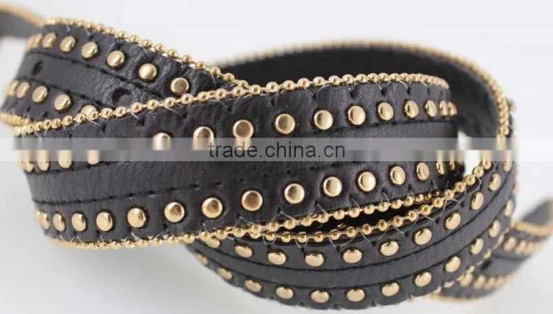 Women's Fashion Gold metal studded PU black leather jeans belt with double bean chian
