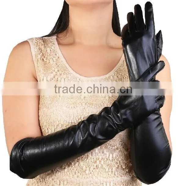 Lady fashion black color elbow long sheepskin arm length leather gloves