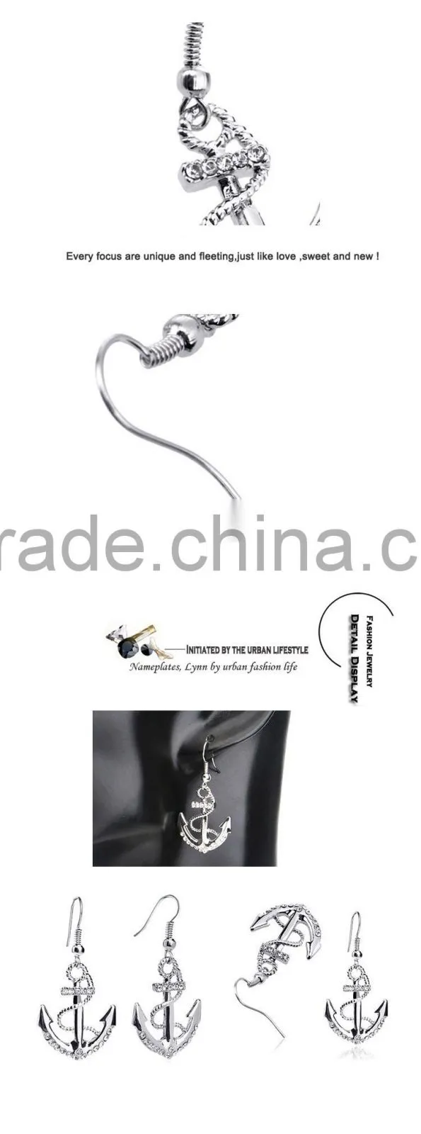 Long Earings 18k White Gold Plated Silver Color Austrian Crystal Rhinestone Dangle Anchor Earring