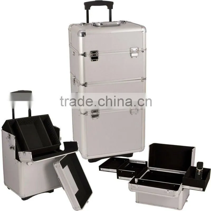 Customized cheap professional silver aluminum cosmetic case with wheels