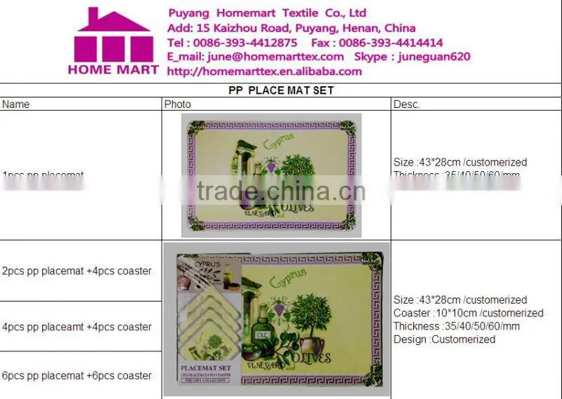 new year cheap plastic placemat pvc placemat