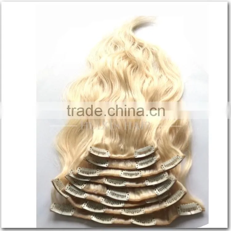 Blonde Cambodian Human Hair Wavy Clip In Hair Extension