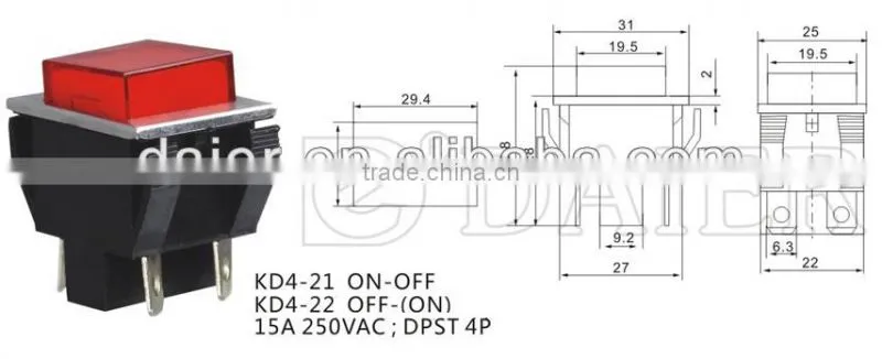 KD4-21 ON-OFF 15A 250VAC DPST 4P push button switch