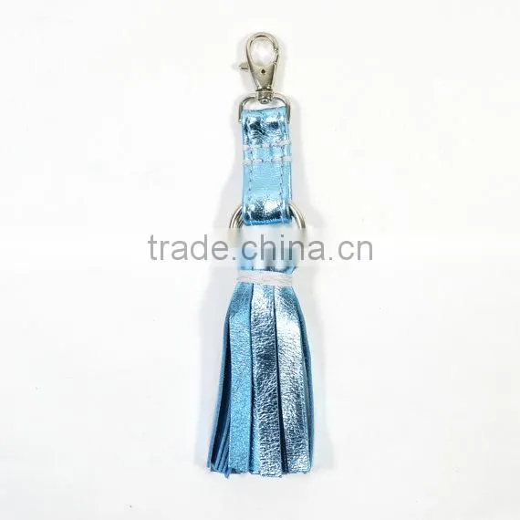Handmade Metallic Blue Leather Tassel Keychain Keyring Charm for Women Handbag Wallet Accessories