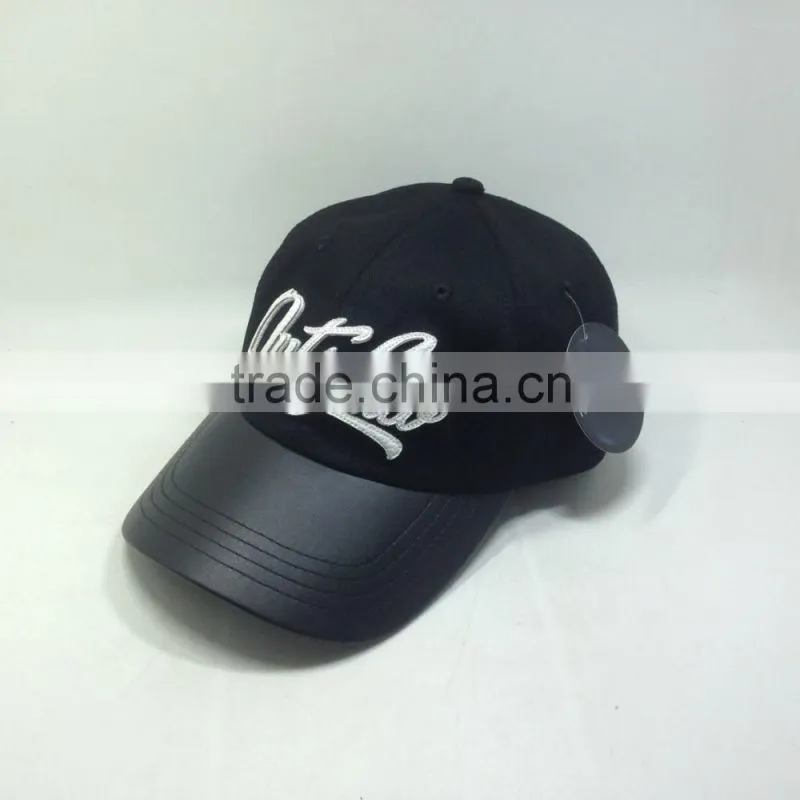 Leather Embroidery And Brim Dad Hat, Embossed Buckle , Hang Tag , Cap