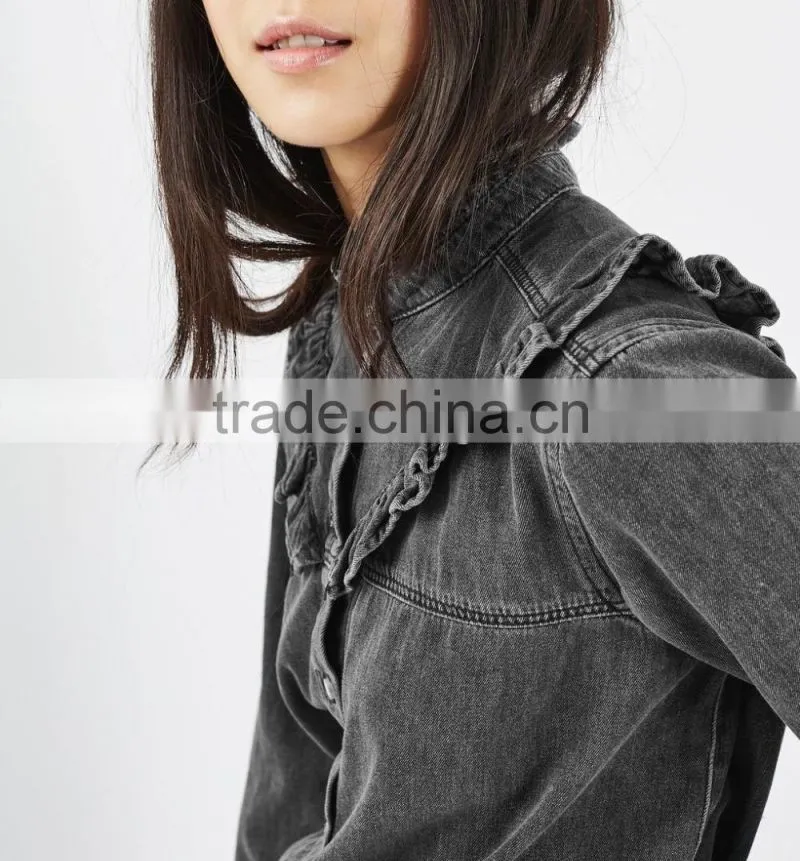 Ladies Fashion 100% Cotton Colored Blouse Frill Denim Shirts