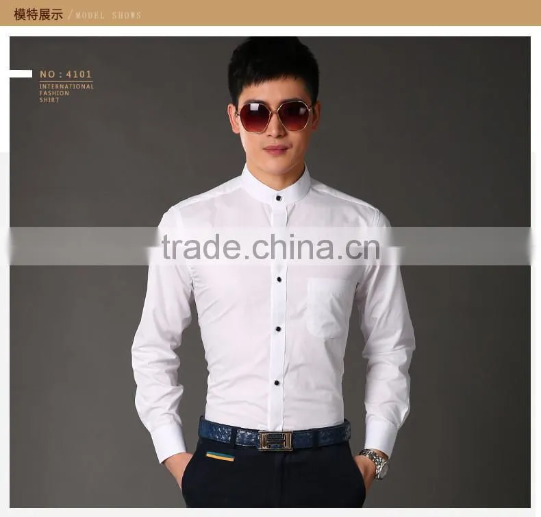 White & pink color slim fit pattern chinese stand collar shirt for business man