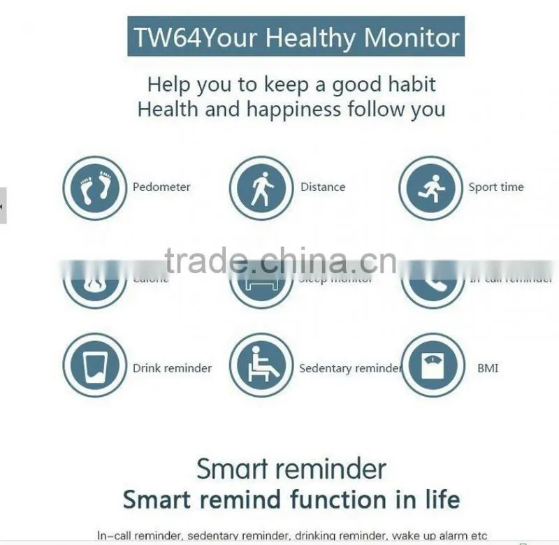 2016 Hot Smart Waterproof Bracelet TW64 with Bluetooth 4.0 for Health Care