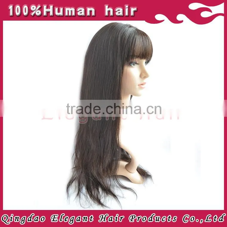 AAAAA Grade Natural Hair Line Peruvian Remy Full Lace Silky Straight Human Hair Wig with bang