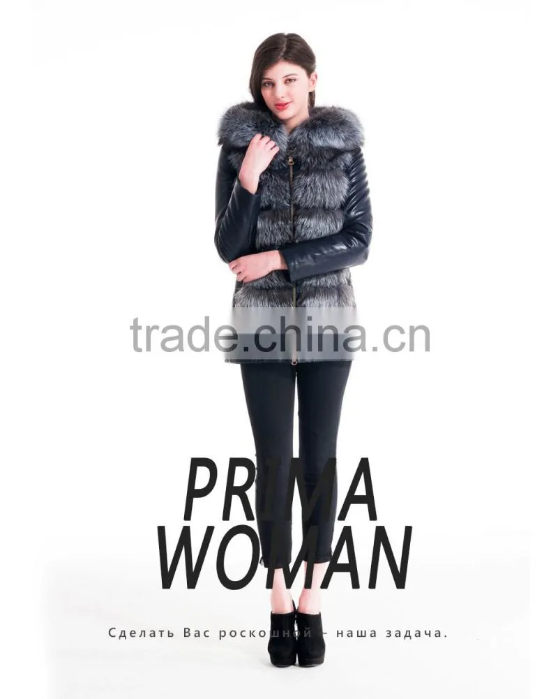 2015 Winter Leather Short Slim Fit Embroidered Women Coat With Belt Silver Fox Fur Hat