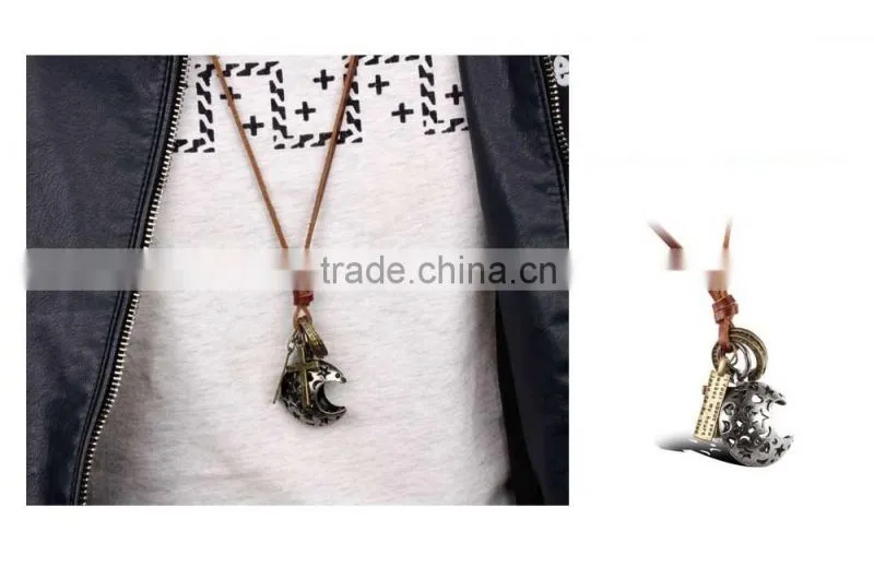 antique jewelry catholic religious items bronze moon necklace with geneuine leather chain