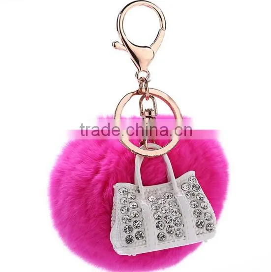 Factory high quality rhinestone enamel owl keychain with plush ball