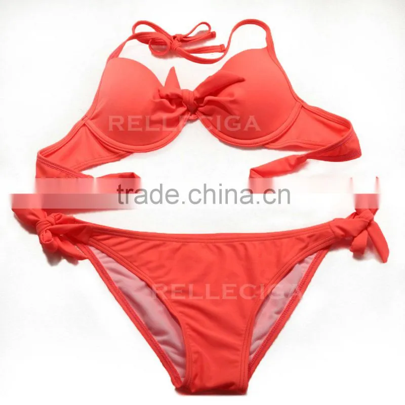 RELLECIGA Sexy Young Girl Bikini Swimsuit - Cheeky Full Lined Solid Fluorescent Rose Halter Top Bikini Set