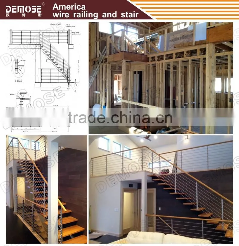 stainless steel balustrade wire with wood handrail for interior