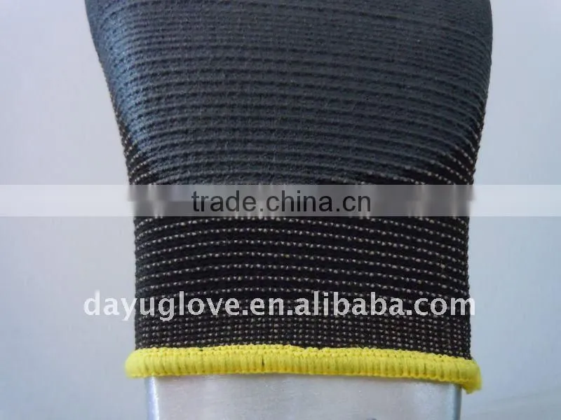 Knitted Glove with WPU (Waterborne PolyUrethane) Coating with Yellow Brim