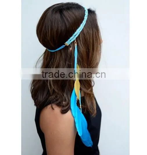 Women Girl BOHO Brown Suede Festival Tassels Feather Beach Hair head band Headband