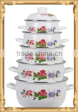Stylish White Enamel Cookware Set Kitchenware Two Side Flower Decal Enamel Pot 5 Pcs Stock Belly Pot With Lid
