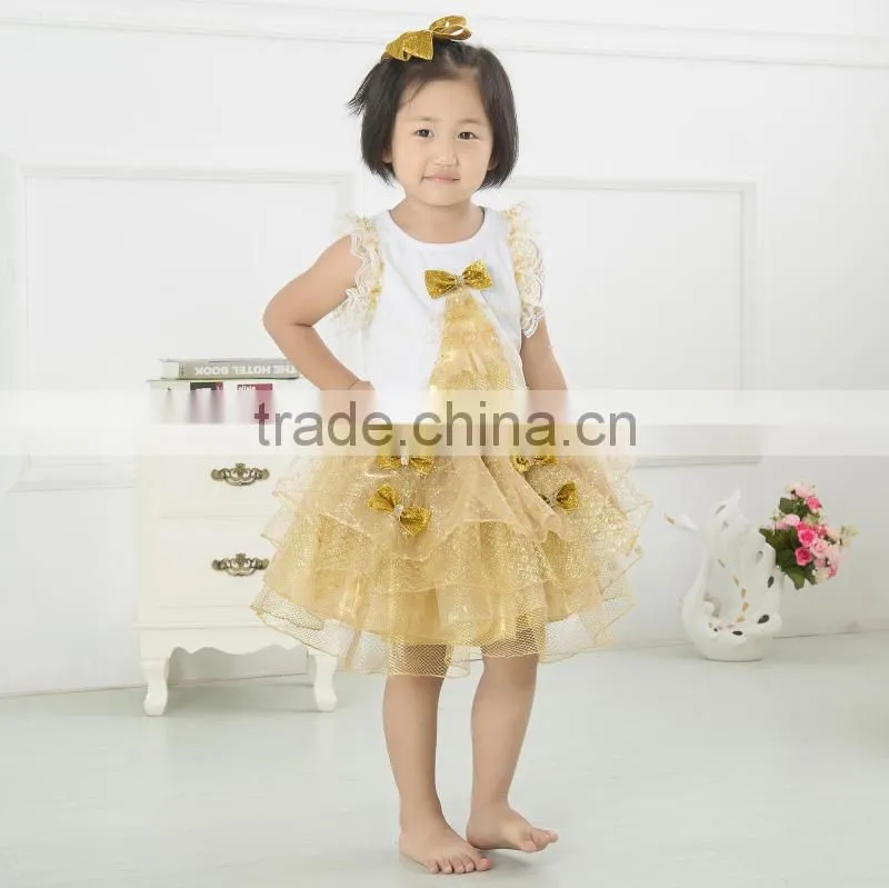 Best selling gold baby dress pictures,girl dresses with bow,children summer flow wholesale lace baby dress