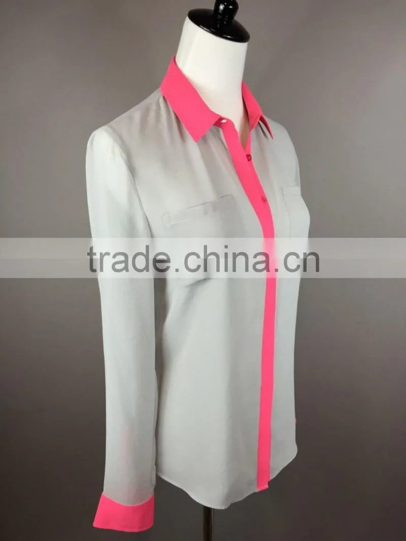 Latest Womens Gray/Pink Chiffon Button-Down Dress Shirt OL Career Blouse