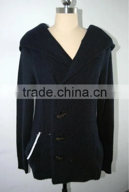 WOOL AND CASHMERE CARDIGAN HOODED GILET WITH HORN BUTTON FASTENING