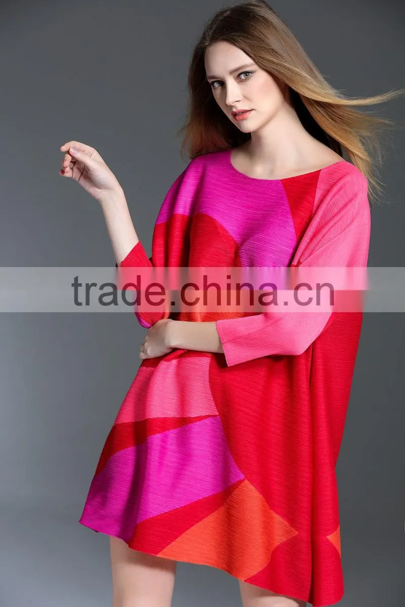 Gored bright color large size women plicated dresses wholesale