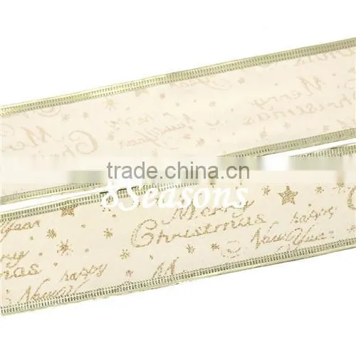 Pale Yellow "Merry Christmas" Star Pattern Velvet Satin Ribbon For Christmas Decoration 5.0cm
