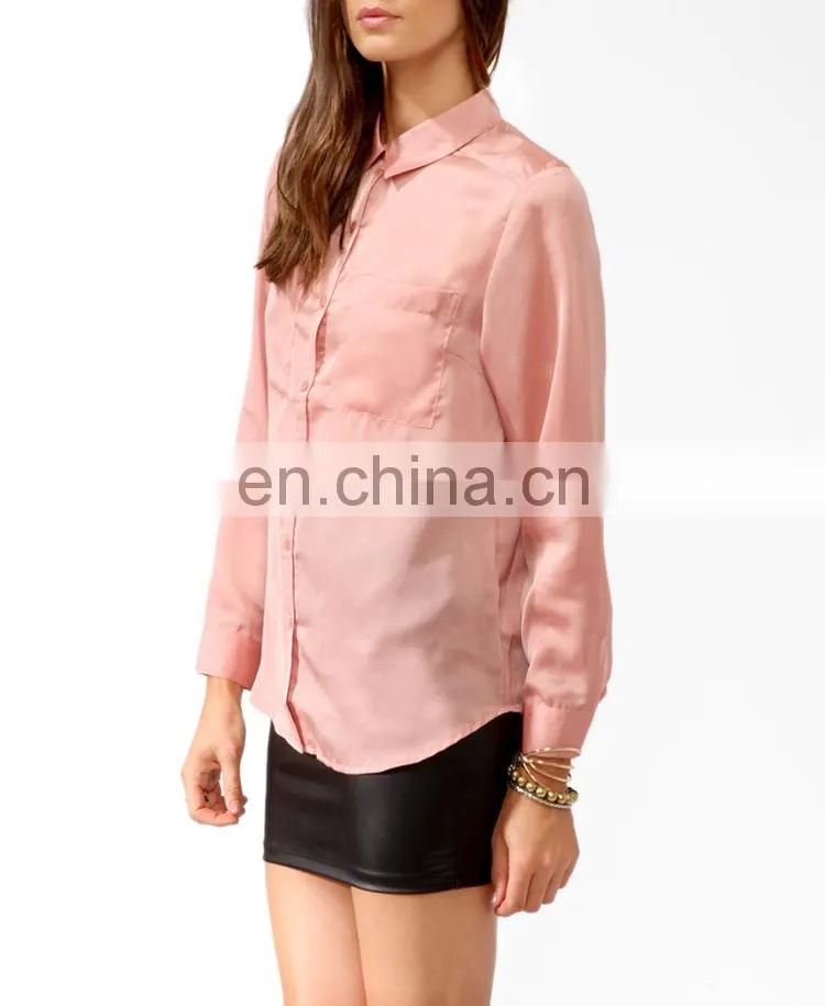 CHEFON Long button cuffed sleeve mature satin women blouse 2016 for fat