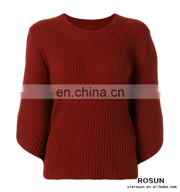 Women crew neck cashmere bat sleeves knitted ribbed top
