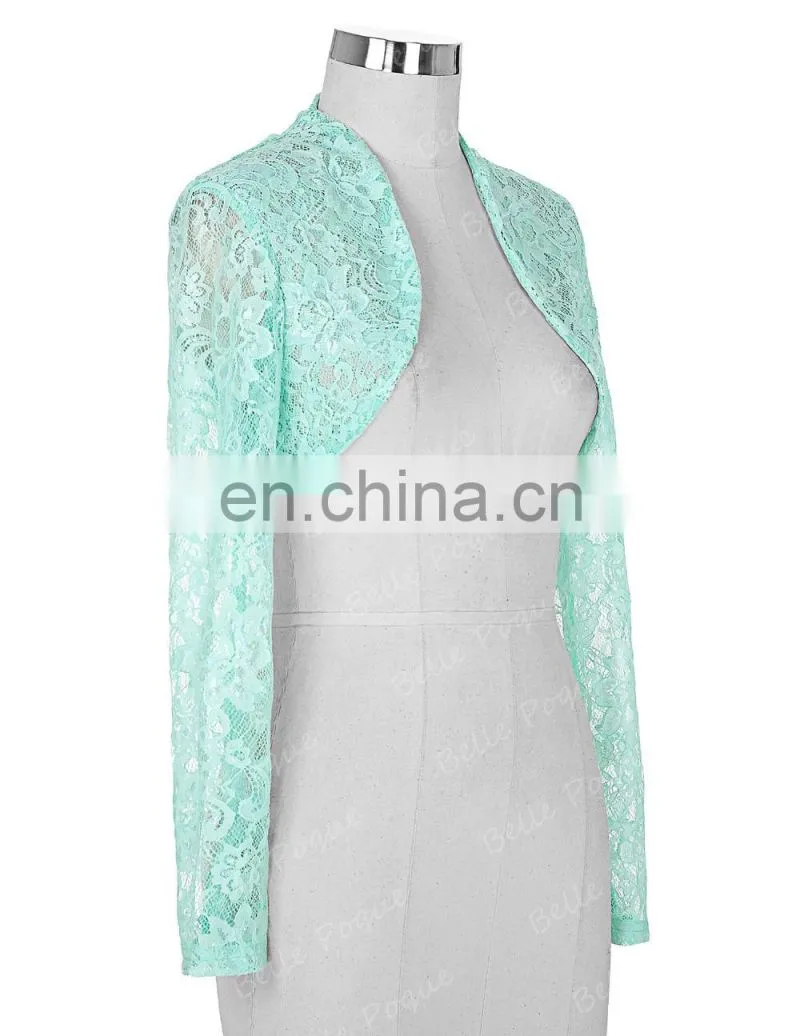 Stock Womens Ladies Long Sleeve Cropped Pale Turquoise Lace Shrug Bolero BP000049-3
