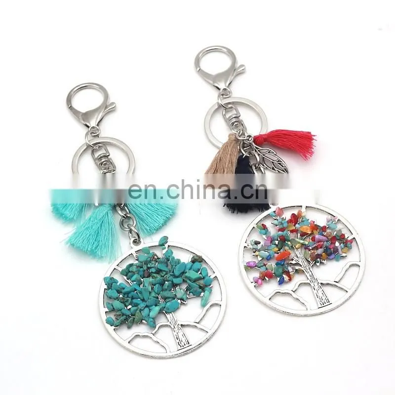 Natural stone bead metal tree with tassel pendant keychain