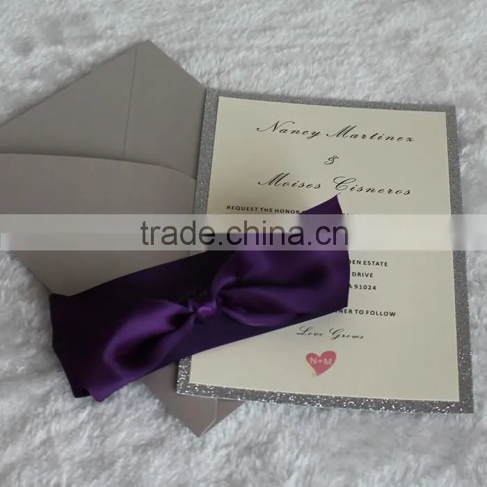 Elegant Card Royal Purple Ribbon Silver Glitter Paper Wholesale