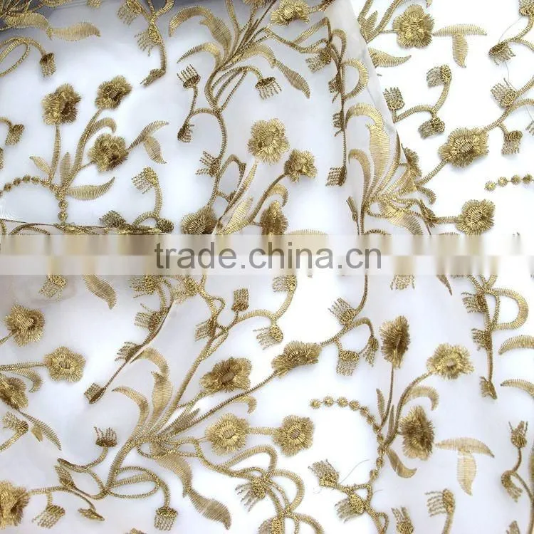 East fashion organza water soluble lace embroidery fabric on chiffon with gold thread for dress