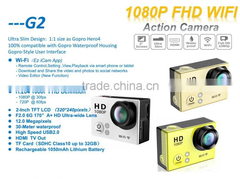 G2 2016 hot selling waterproof action cameras with wifi Professional Sports Camera