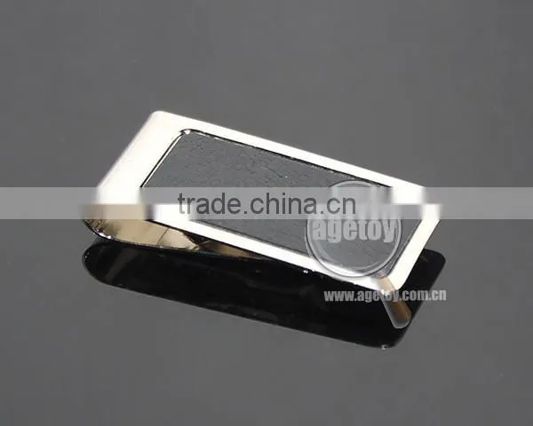 Men Style Fashion Stainless Steel Metal Black Genuine Leather Money Clip