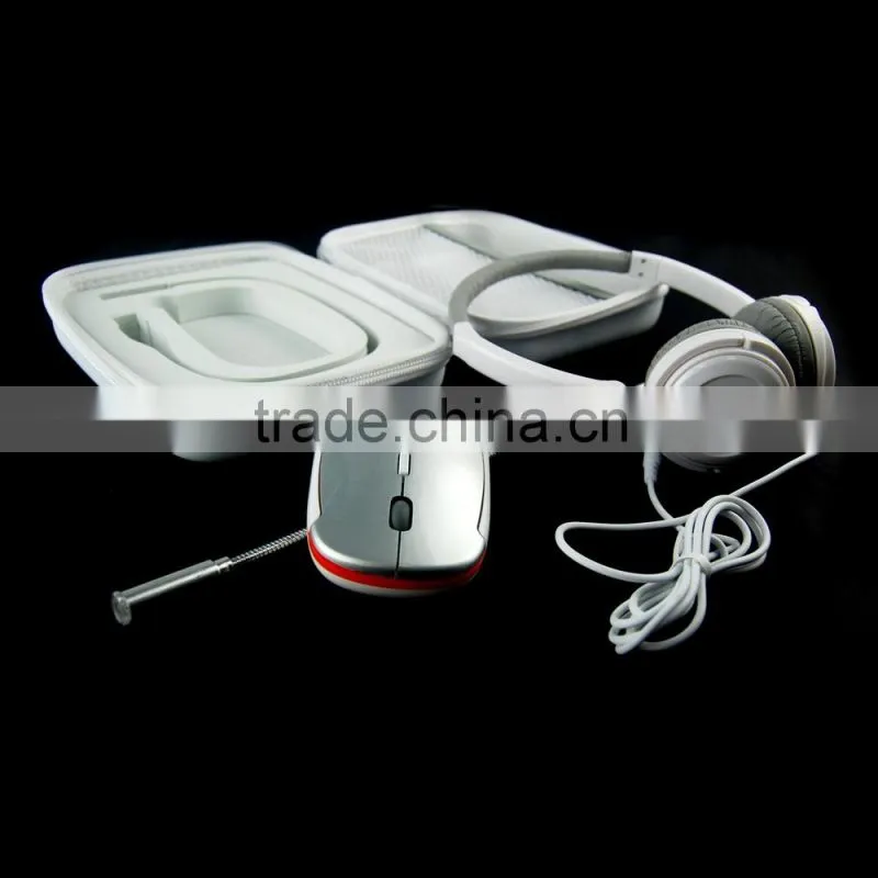 For traveling use and promotion gift computer accessories headphone+2.4G wireless mouse+LED light EVA leather case set