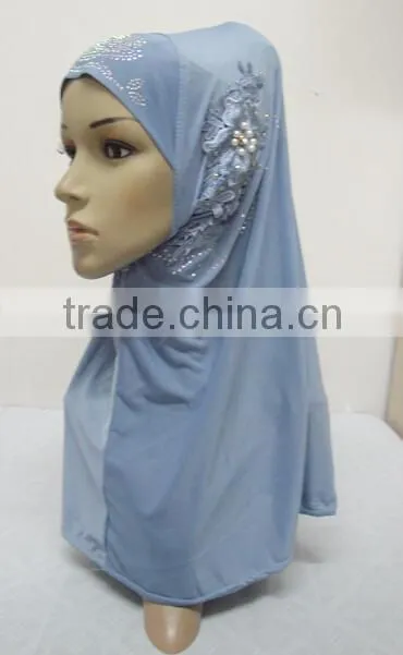 H299 latest one piece instant hijab with lace and rhinestones,muslim scarf