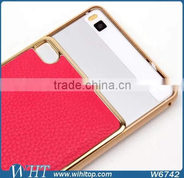 For Huawei P8 Luxury Aluminum Bumper Leather Back Cover Mobile Phone Case