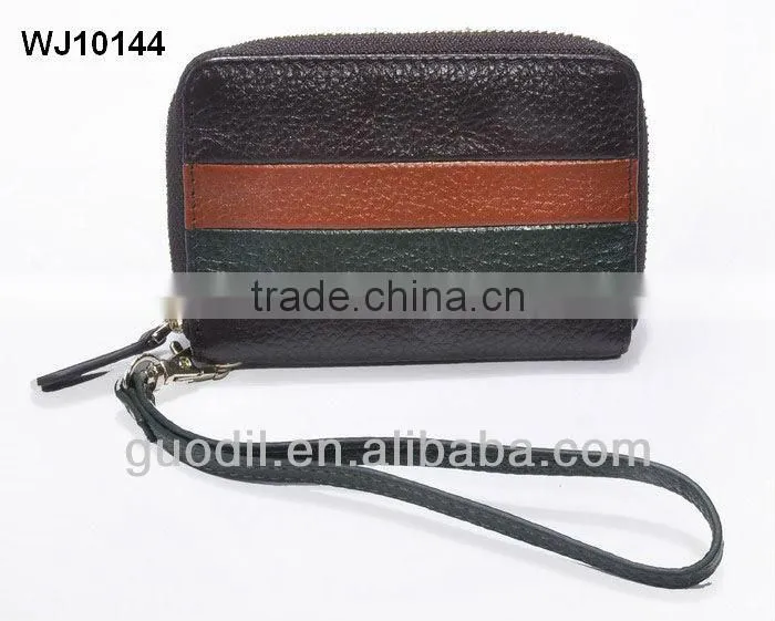 Color block pebble genuine leather zip around leather wallets