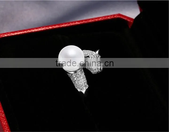 925 sterling silver adjustable leopard head ring with pearl